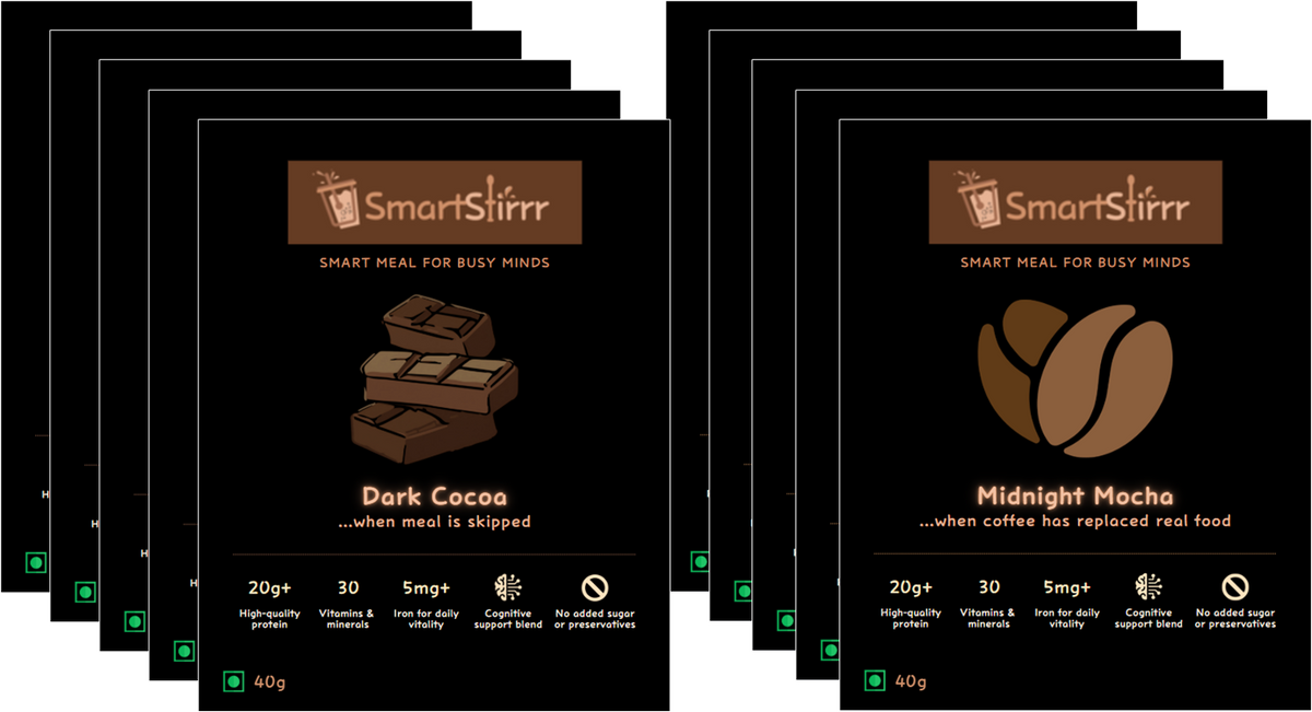 Smart Stirrr Value Pack — 10 Sachets (5 Cocoa Craft + 5 Midnight Mocha)